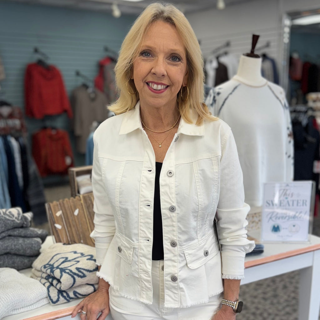 Stretch Denim Peplum Jacket- Winter White