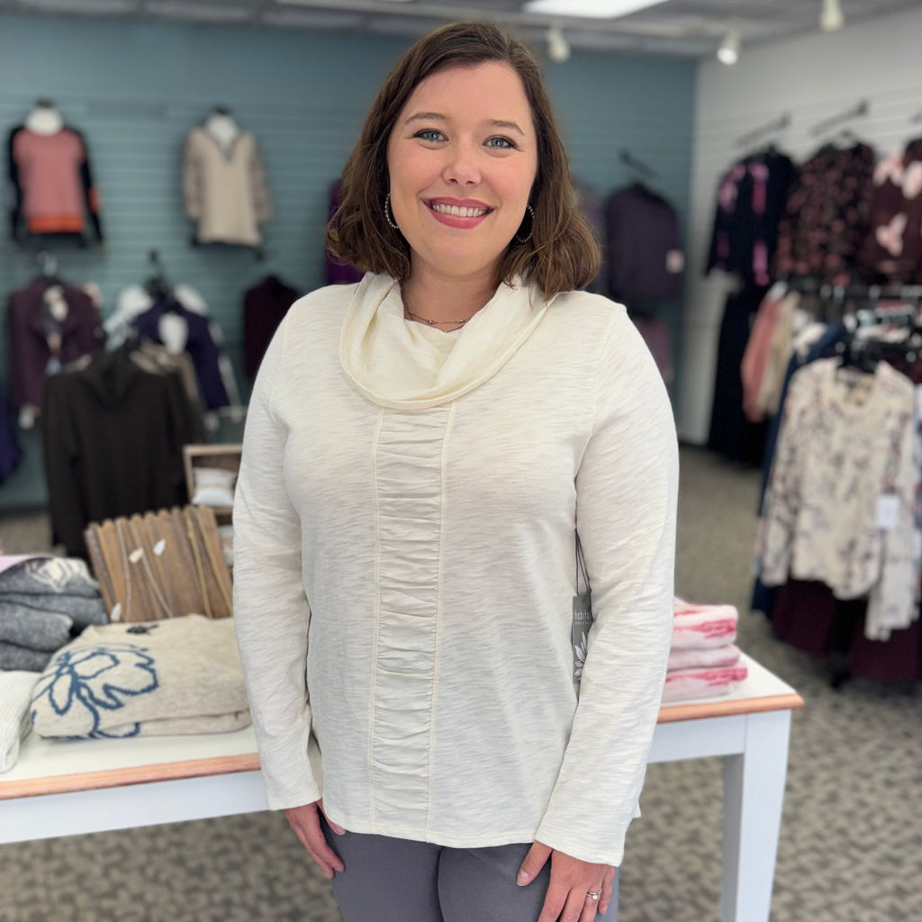 Cotton Pebble Ruched Panel Cowl Neck Top
