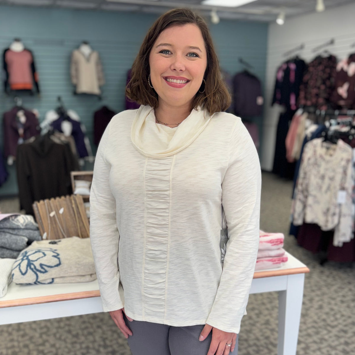 Cotton Pebble Ruched Panel Cowl Neck Top