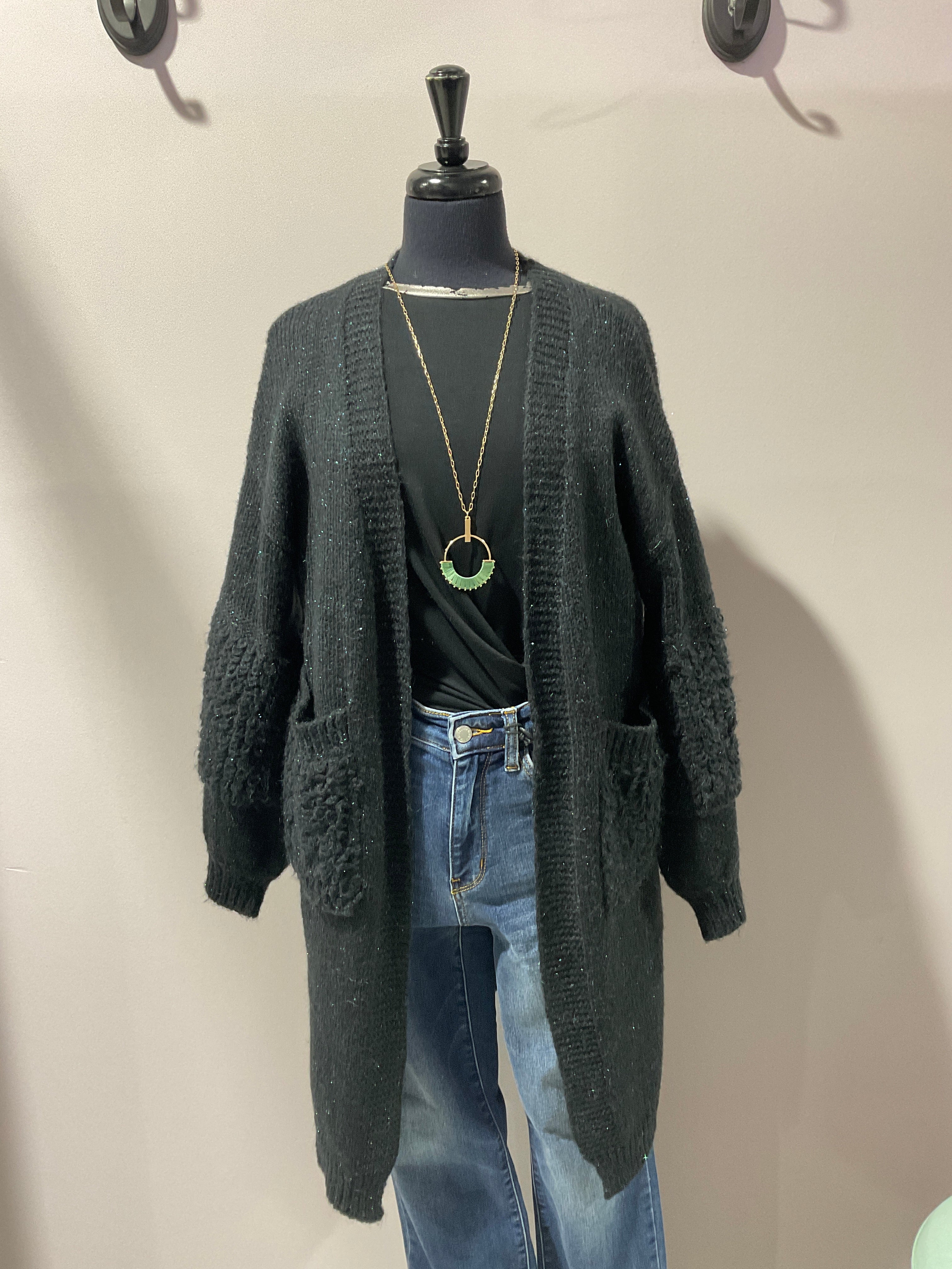 Fuzzy Cardigan Sweater with Sparkle Detail