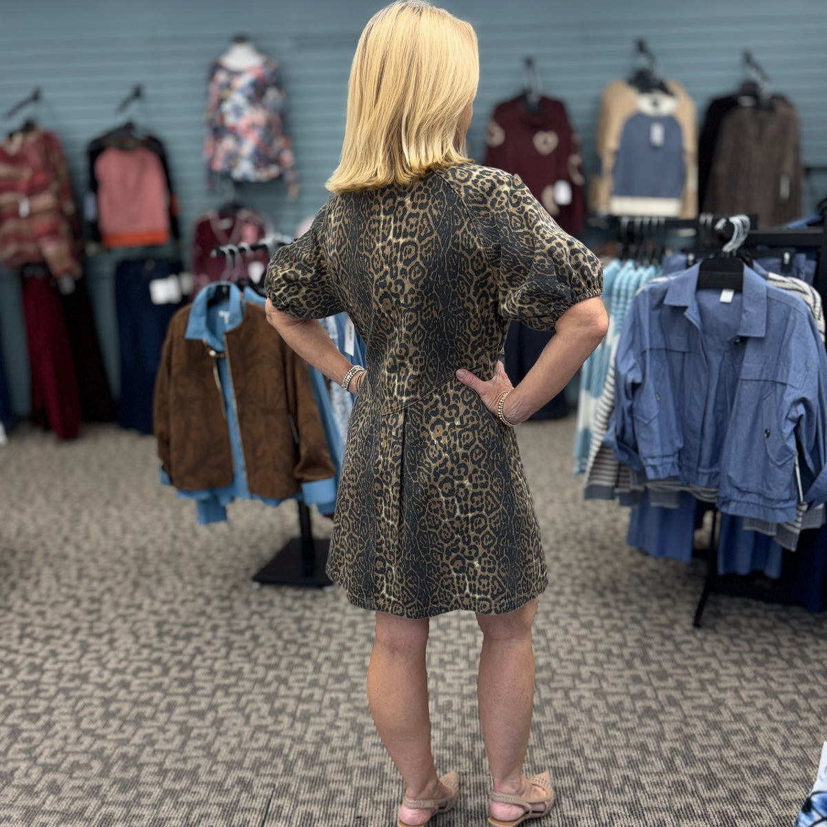 Washed Leopard Denim Button up Shirt Dress