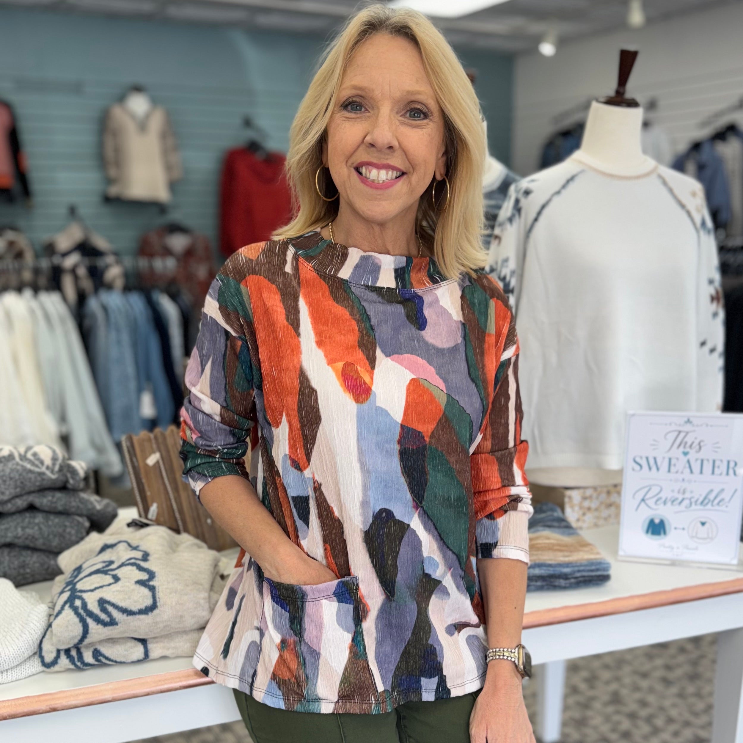 Crinkle Stand-Up Neck Top with Patch Pocket