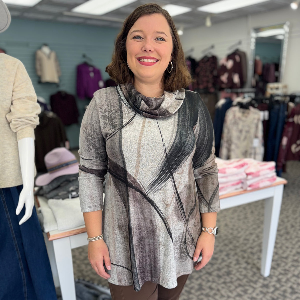 French Brushed Knit Cowl Neck Tunic