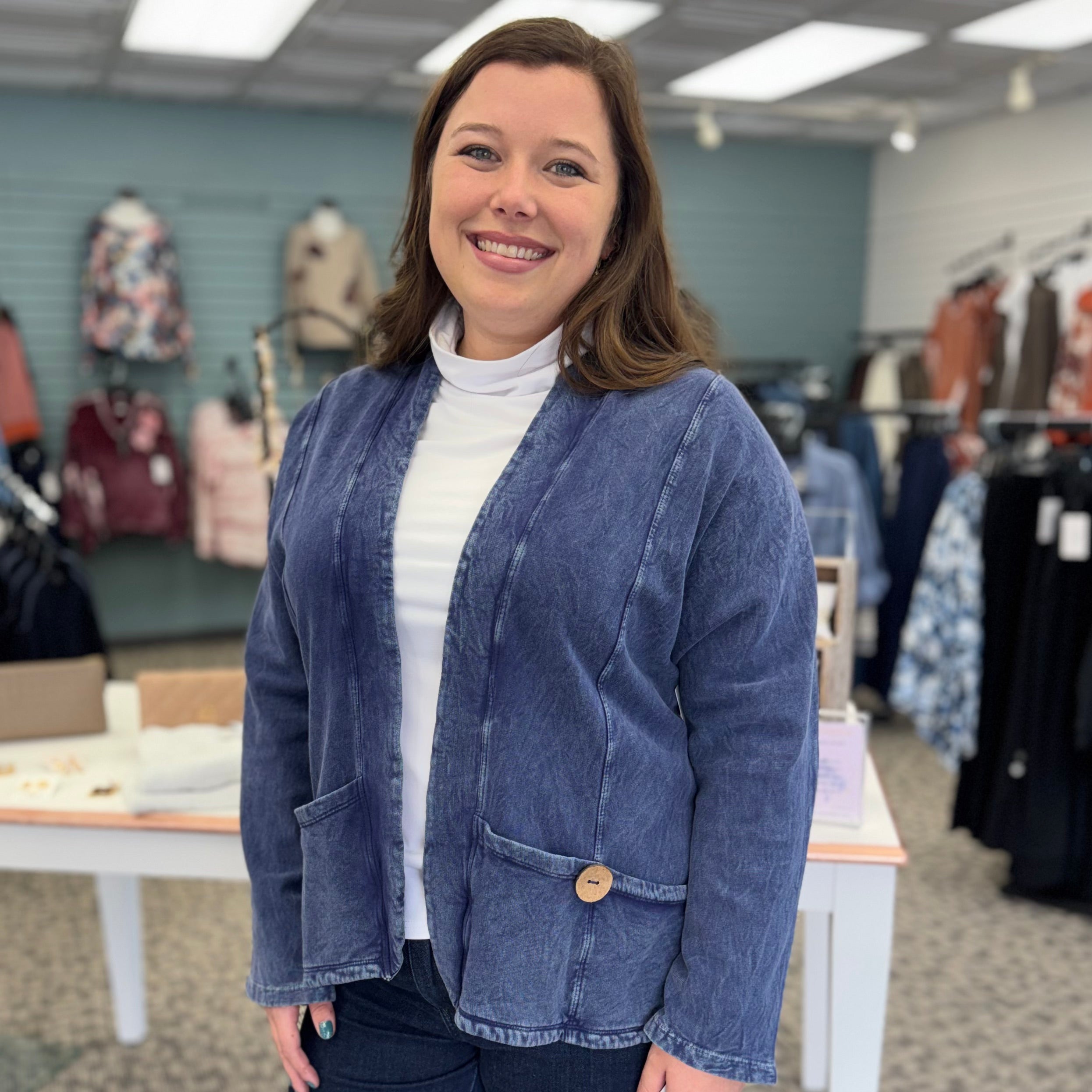Cotton Fleece Jacket with Pockets & Coconut Button Accents