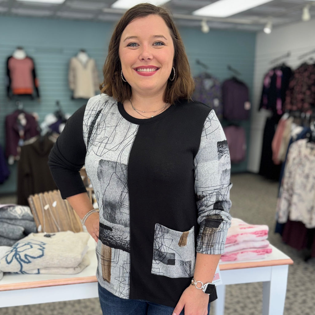 Novelty Brushed Split Print Top with Patch Pocket