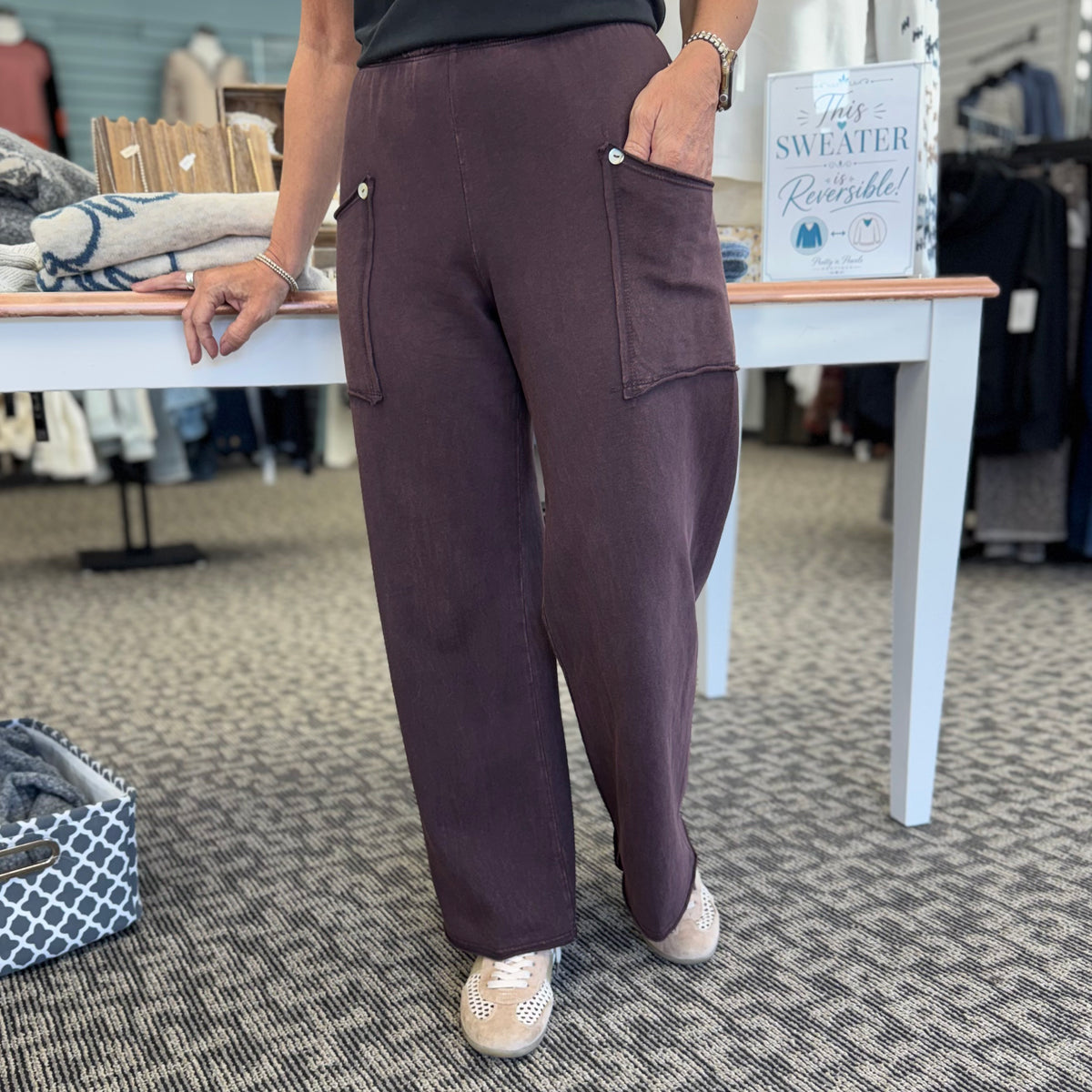 Terry Pants with Raw Edge Pockets & Buttons