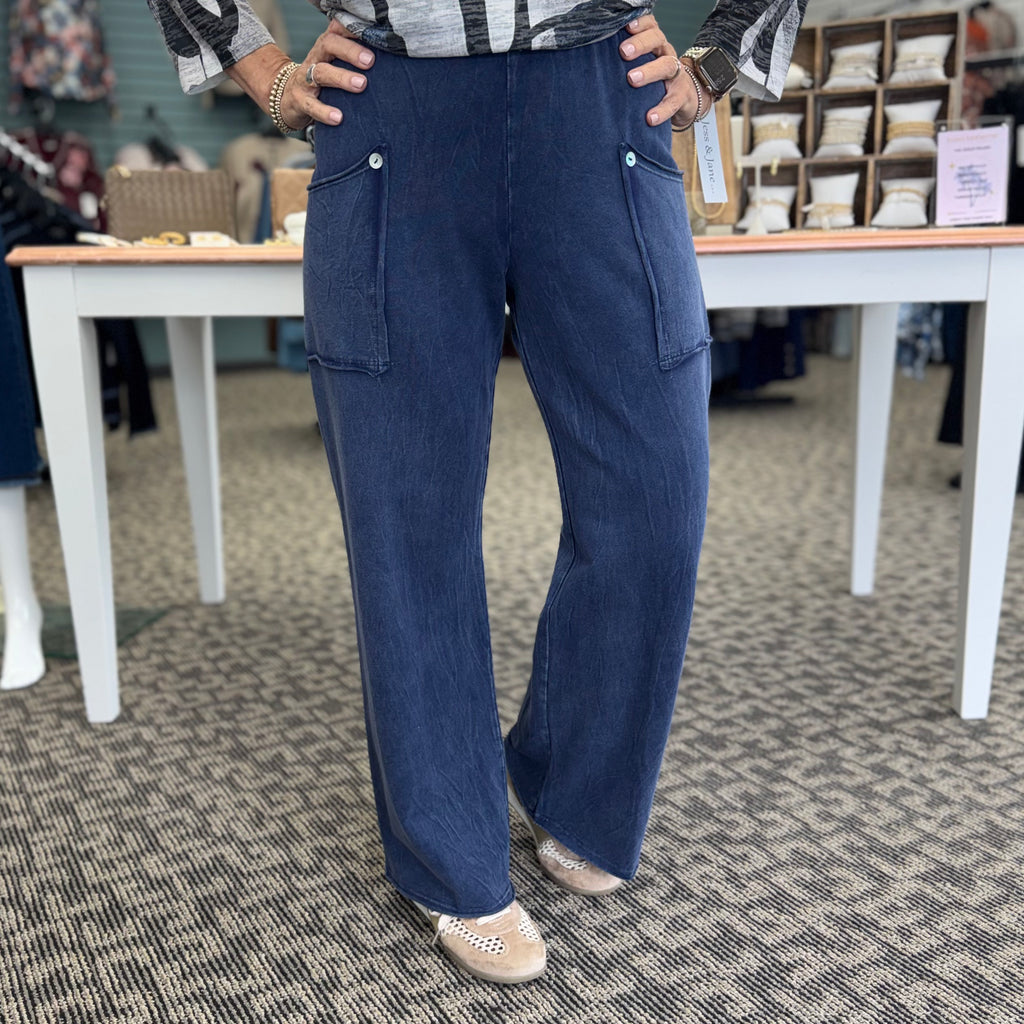 Terry Pants with Raw Edge Pockets & Buttons