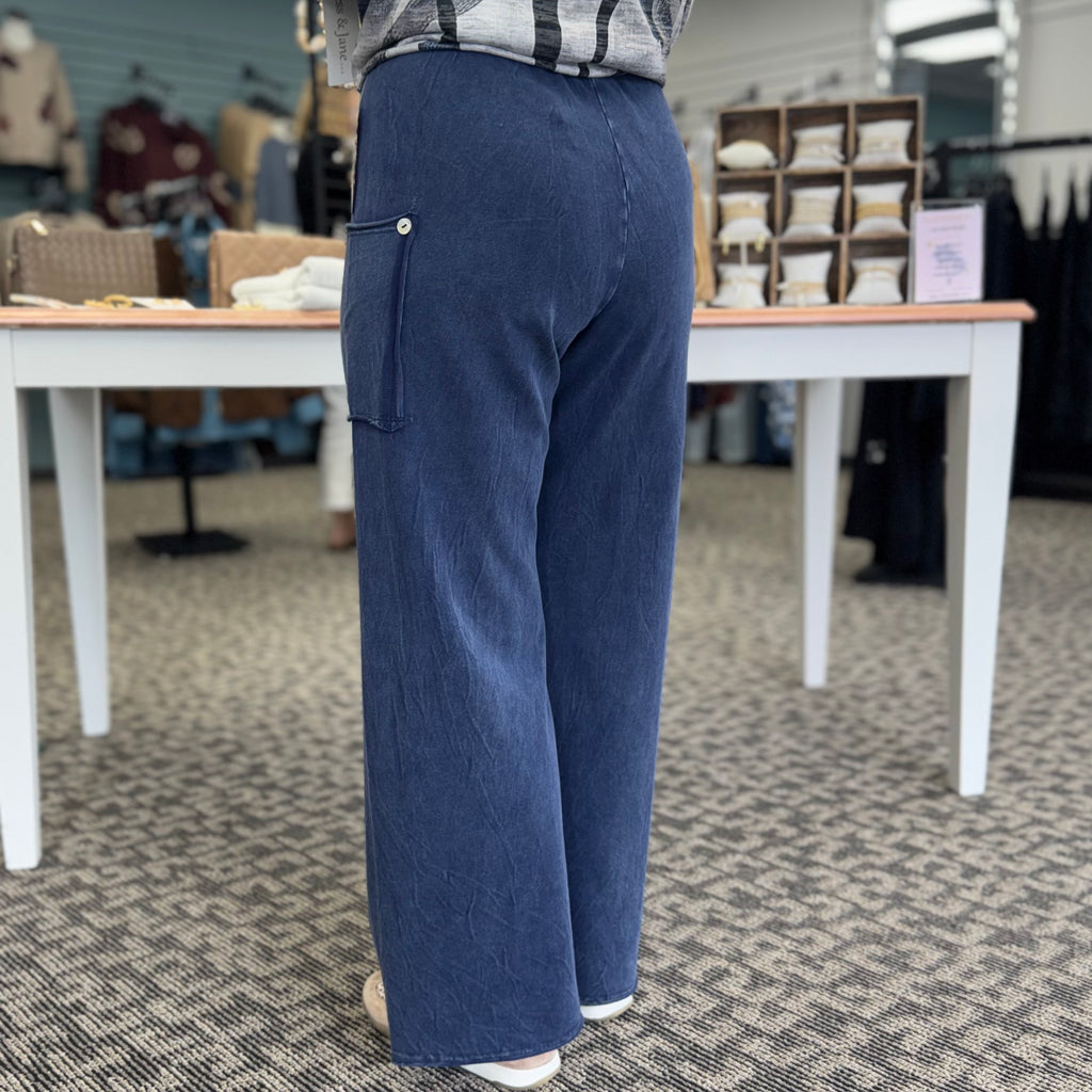 Terry Pants with Raw Edge Pockets & Buttons