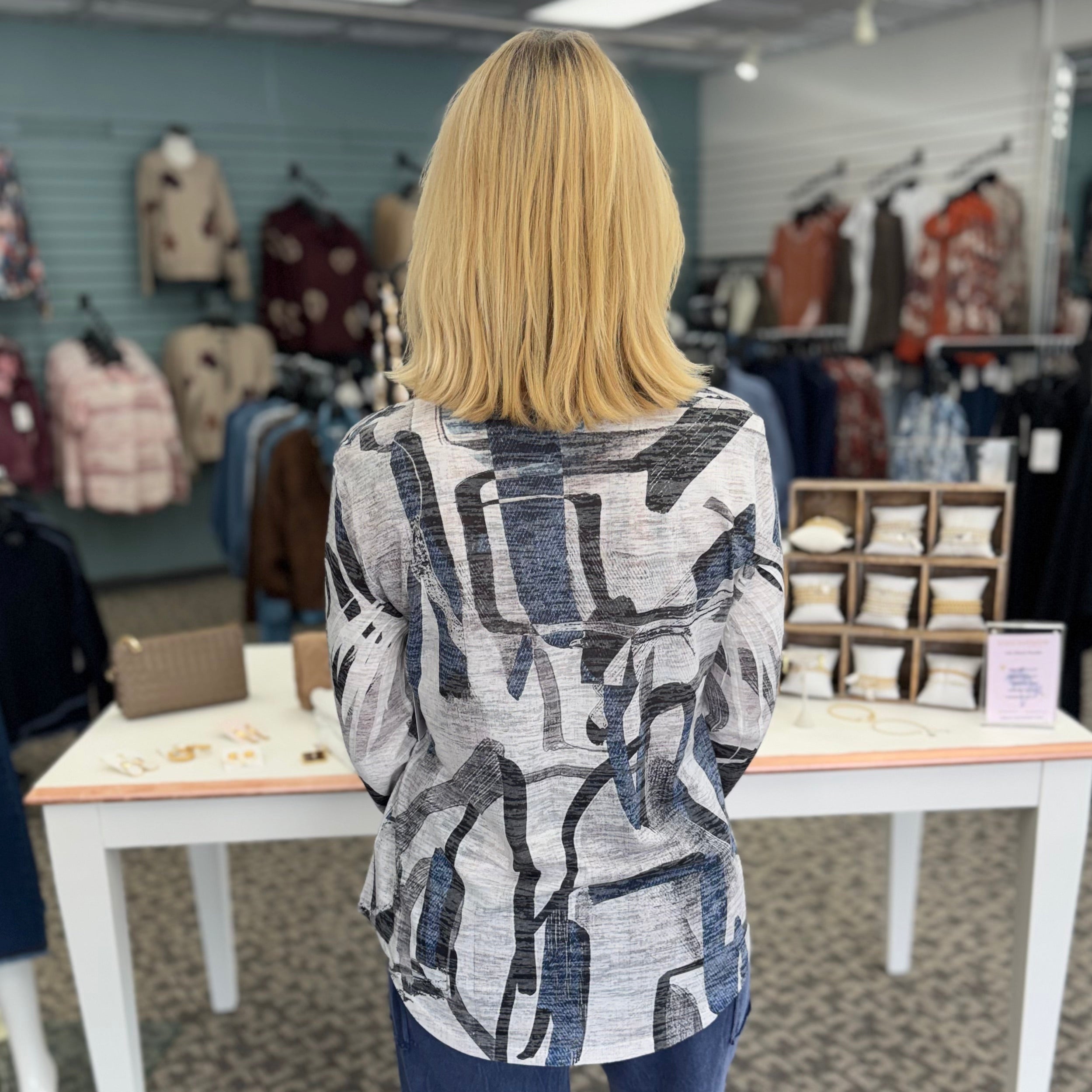 Burnout 3/4 Sleeve Tunic Top with Round Hem