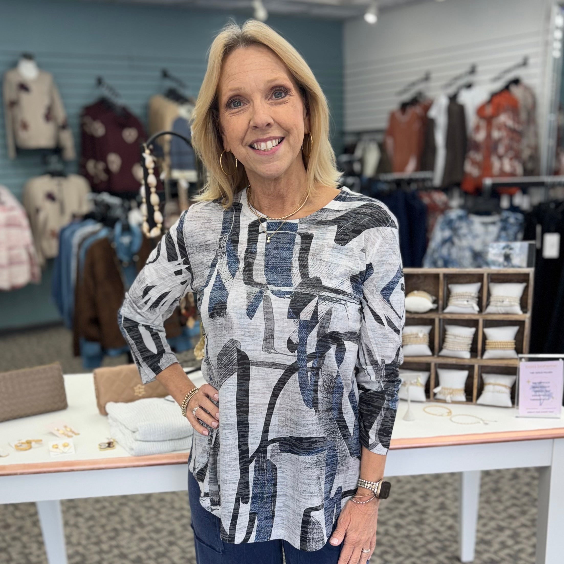 Burnout 3/4 Sleeve Tunic Top with Round Hem