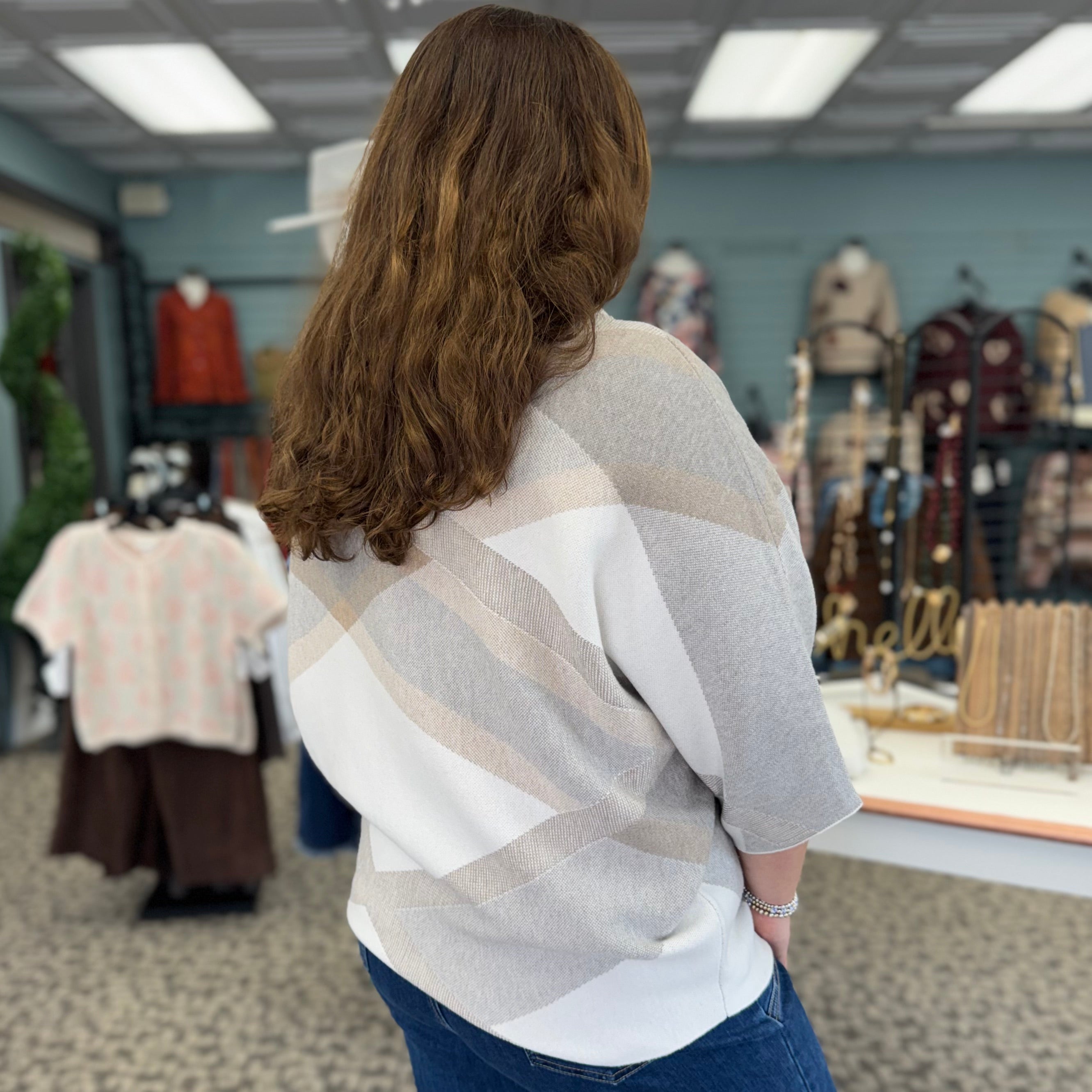 Plaid Funnel-Neck Sweater- Winter White