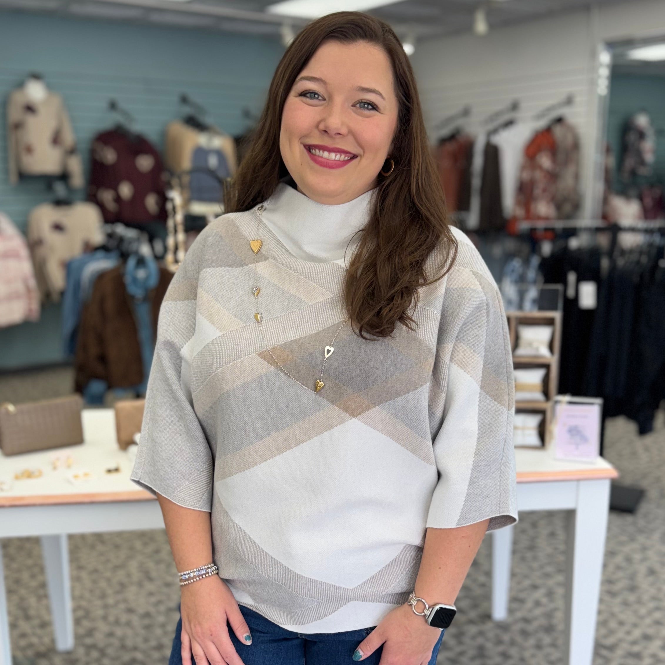 Plaid Funnel-Neck Sweater- Winter White