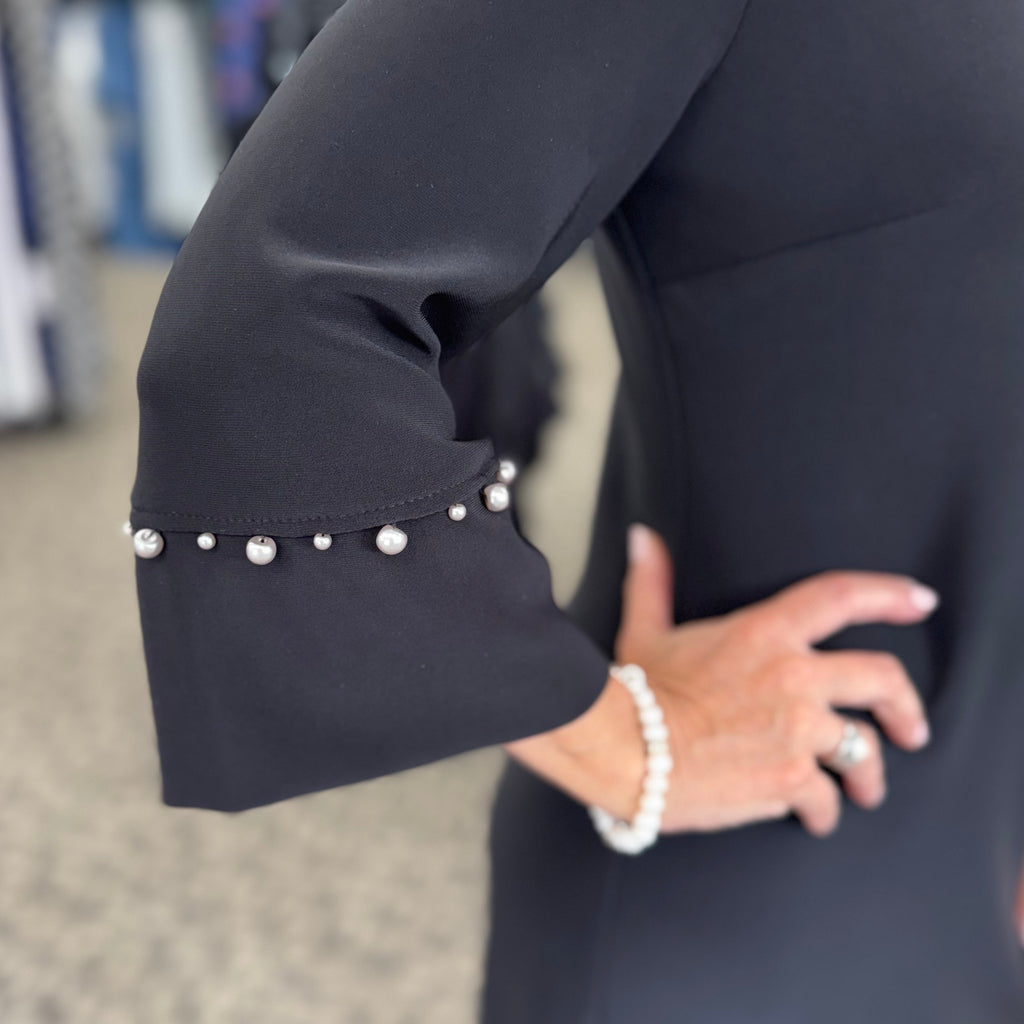 Silky Knit A-Line Dress with Pearl Detail