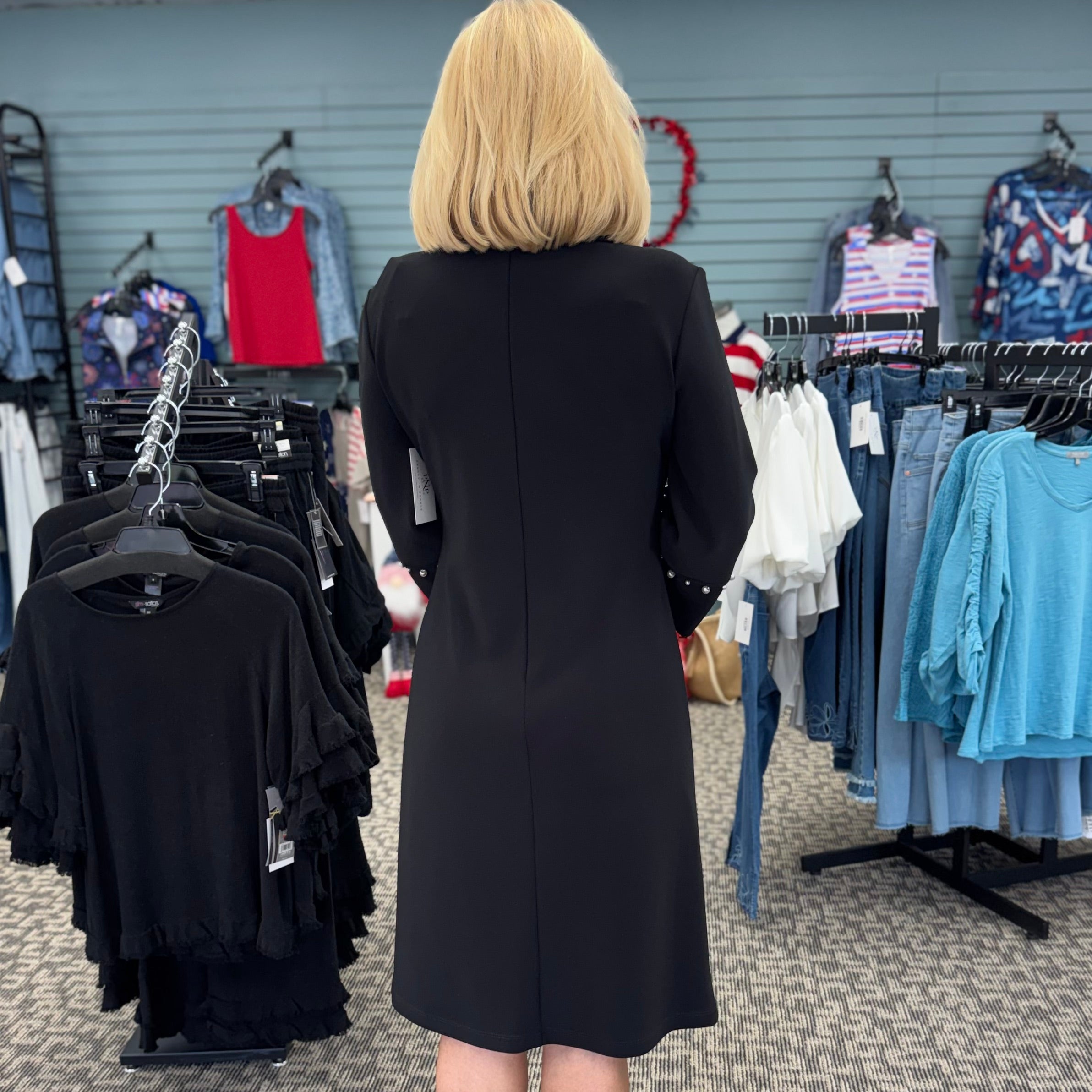 Silky Knit A-Line Dress with Pearl Detail