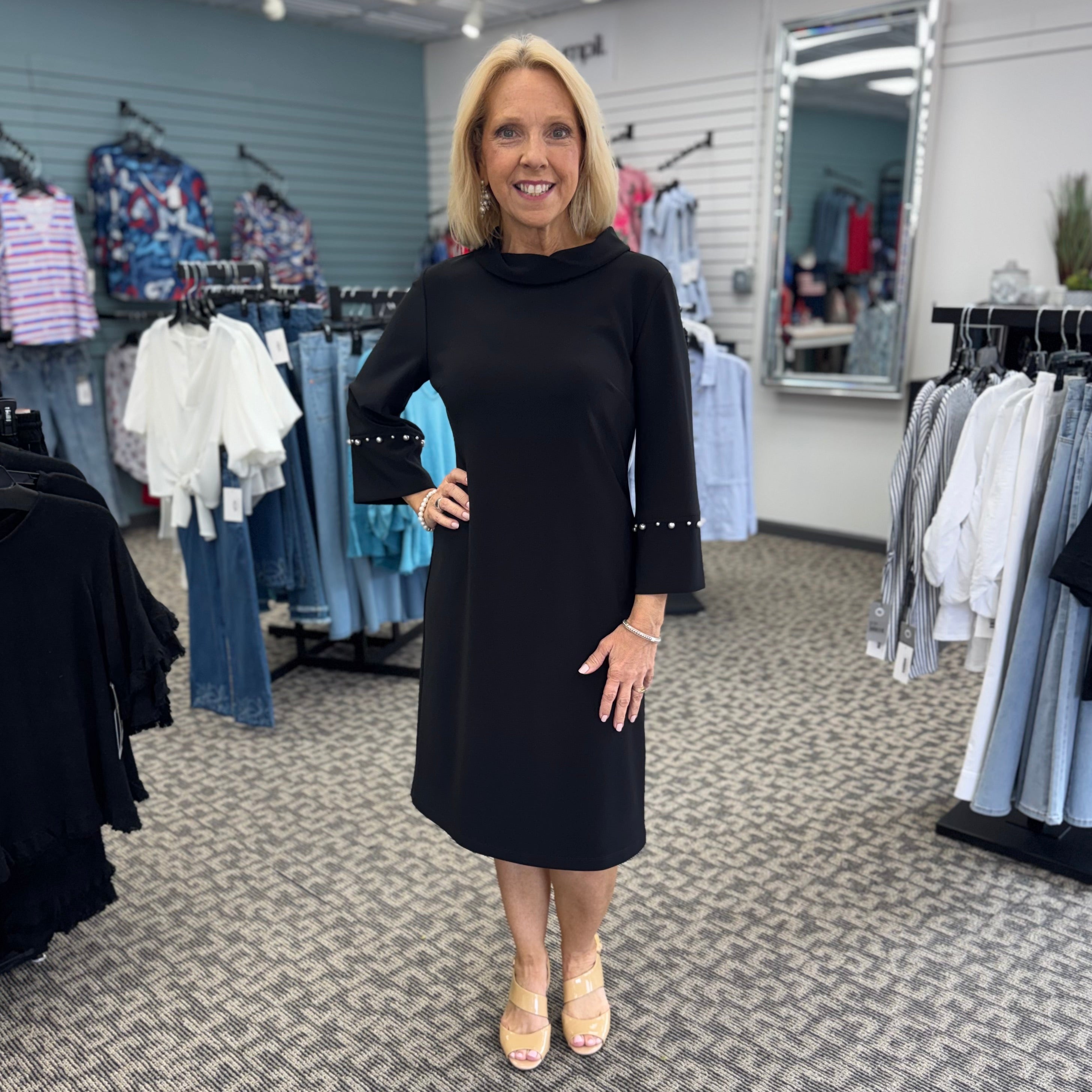Silky Knit A-Line Dress with Pearl Detail