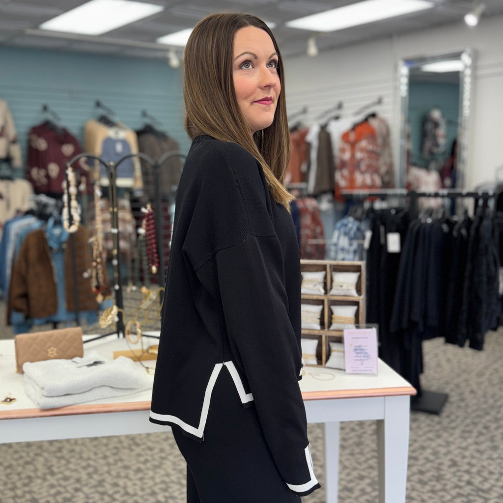 Black Knit Long Sleeve Top with White Trim