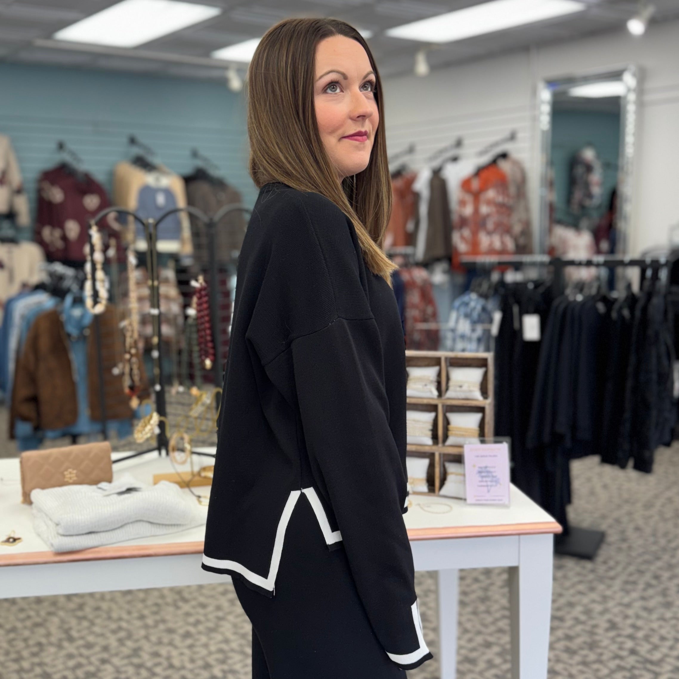 Black Knit Long Sleeve Top with White Trim