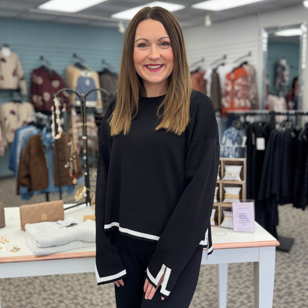 Black Knit Long Sleeve Top with White Trim