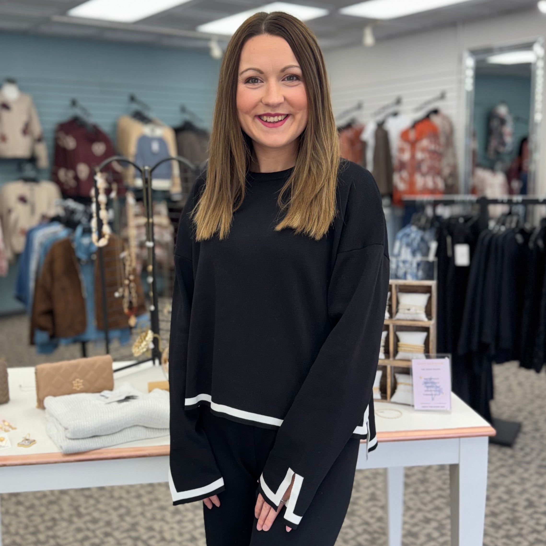 Black Knit Long Sleeve Top with White Trim