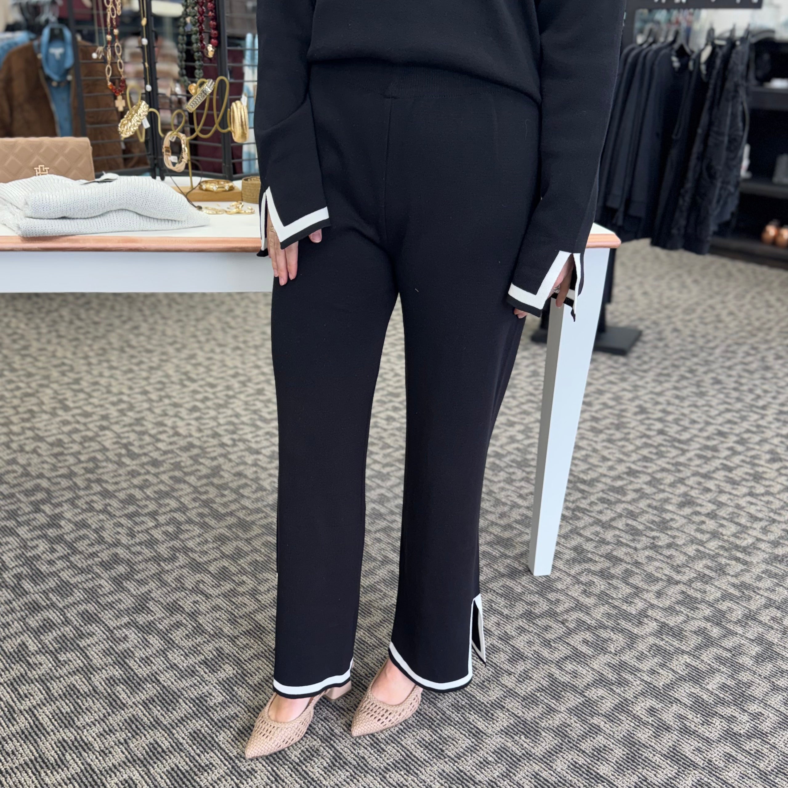 Black Knit Pants with White Trim