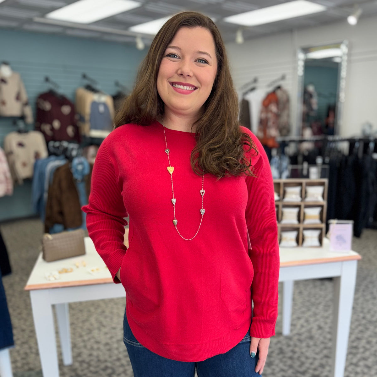 Lulu B Cashmere 2 Pocket Scoop Neck Sweater