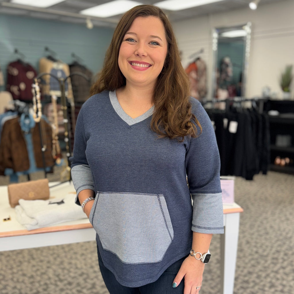 Lulu-B V-Neck Kangaroo Pocket Top- Navy
