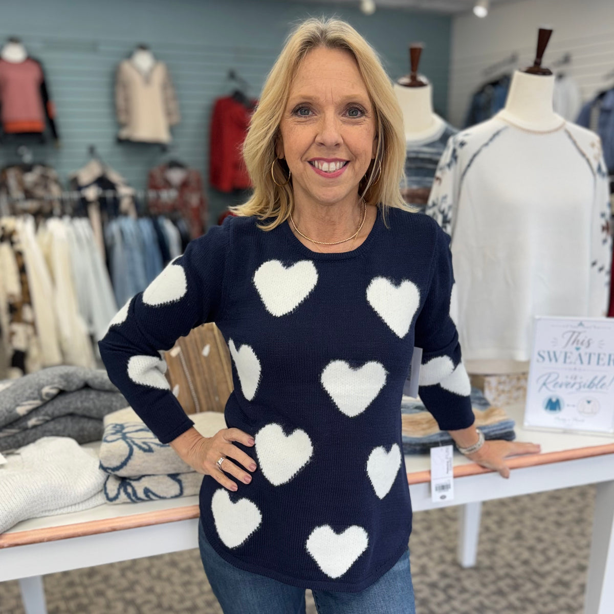 Lulu B Knitted Scoop Neck Sweater with Hearts