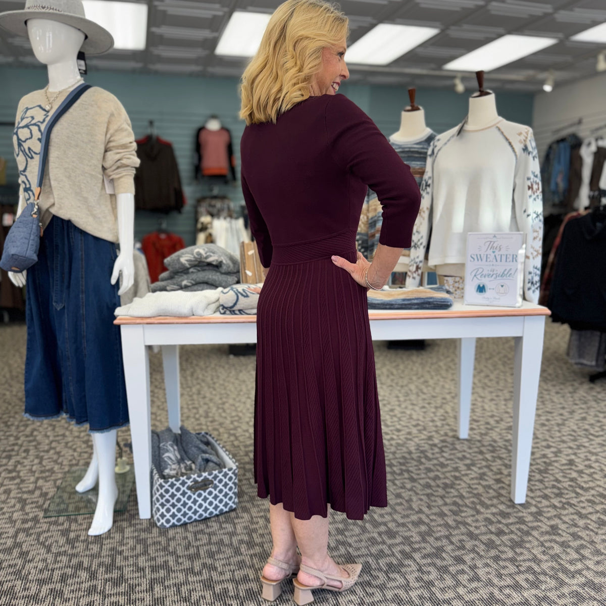 Sweater Knit 3/4 Sleeve Midi Dress