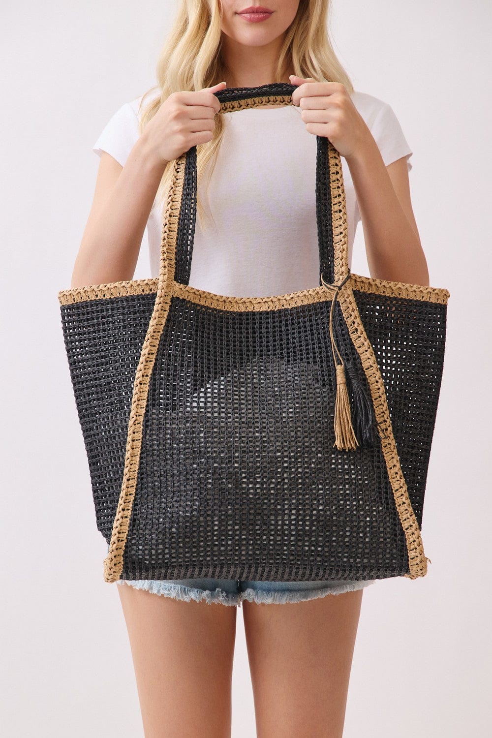 Two Tone Woven Straw Tote
