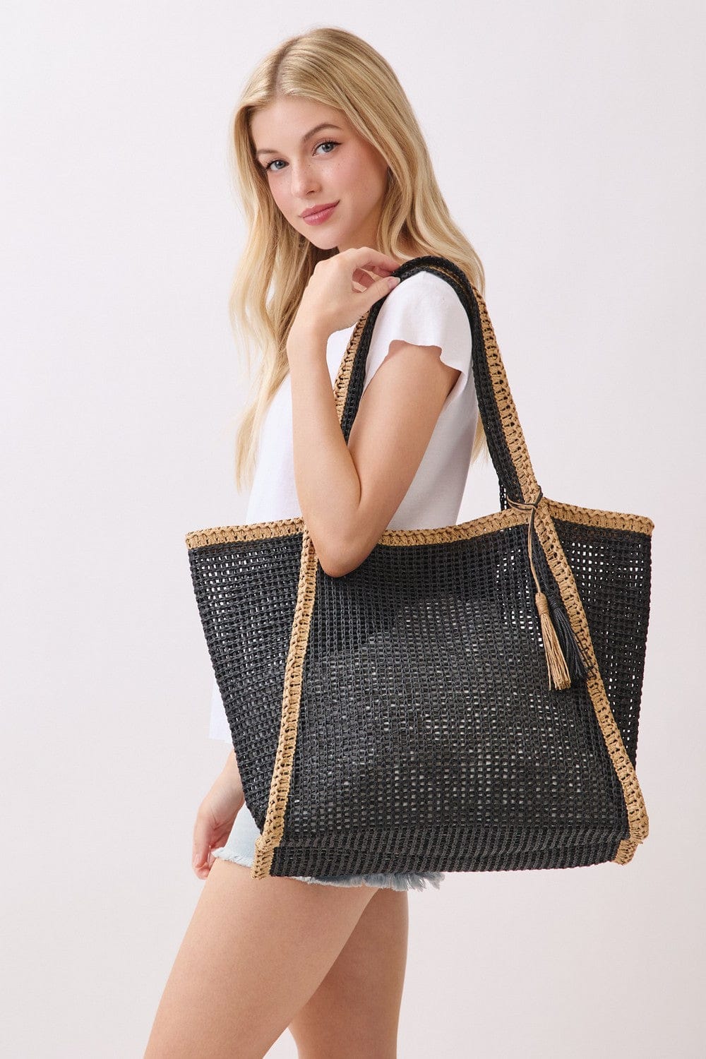 Two Tone Woven Straw Tote