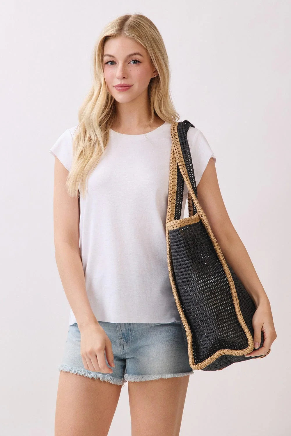 Two Tone Woven Straw Tote