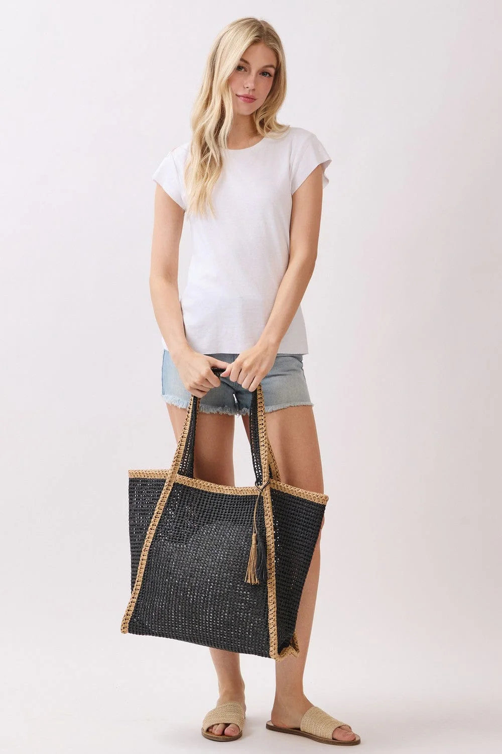 Two Tone Woven Straw Tote