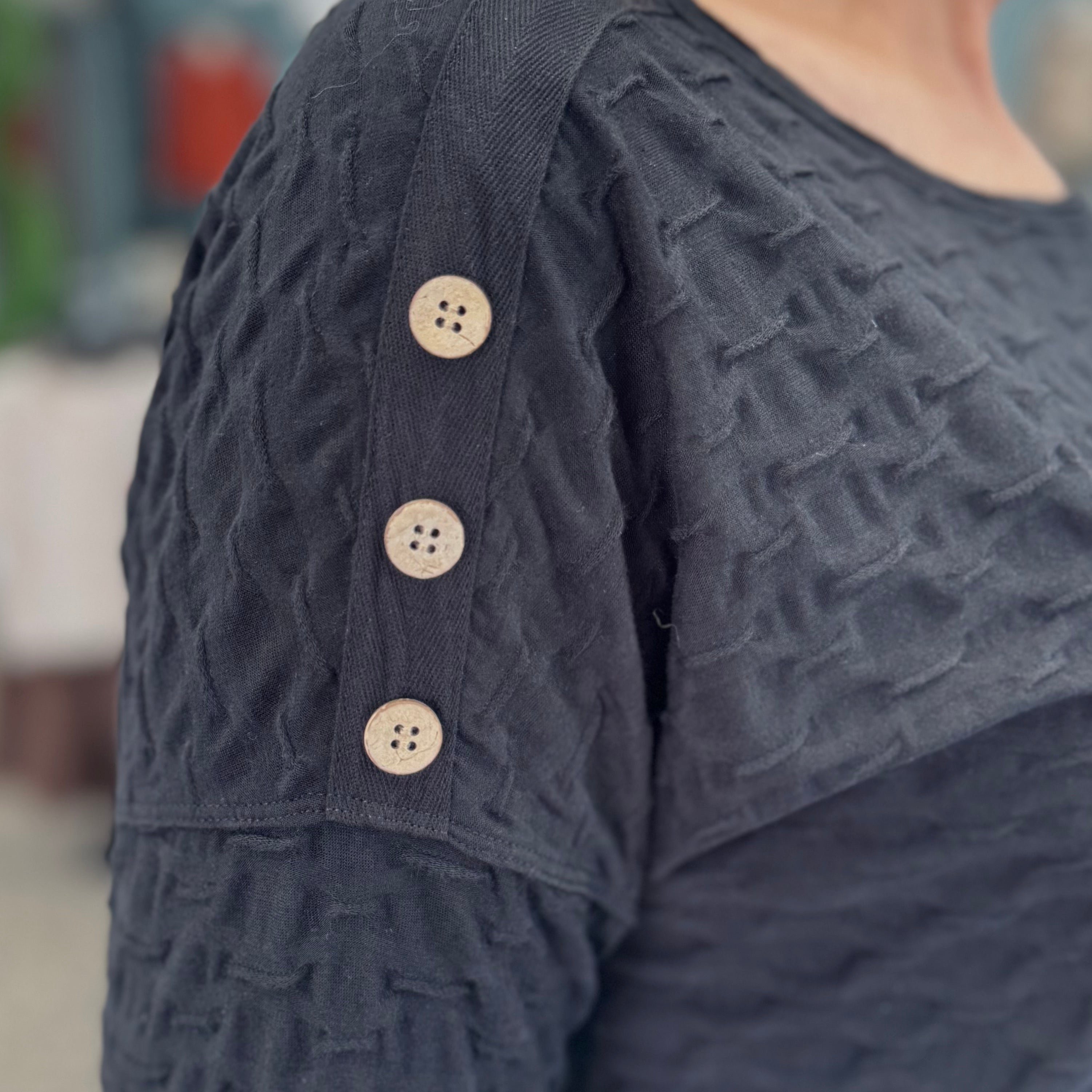 3/4 Sleeve Button Shoulder Scoop Neck Knit Top