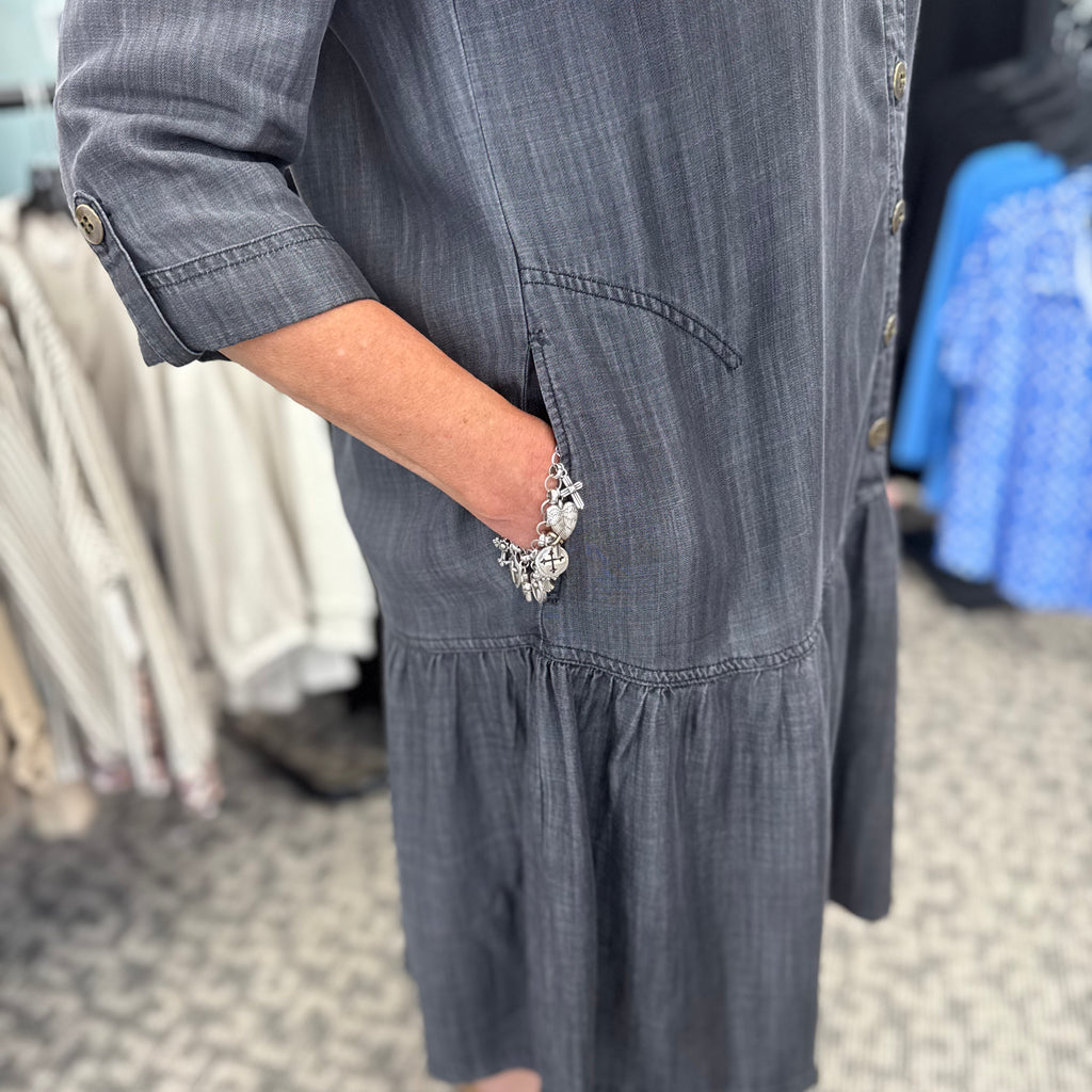 Button Front Flounce Hem Lyocell Denim Dress
