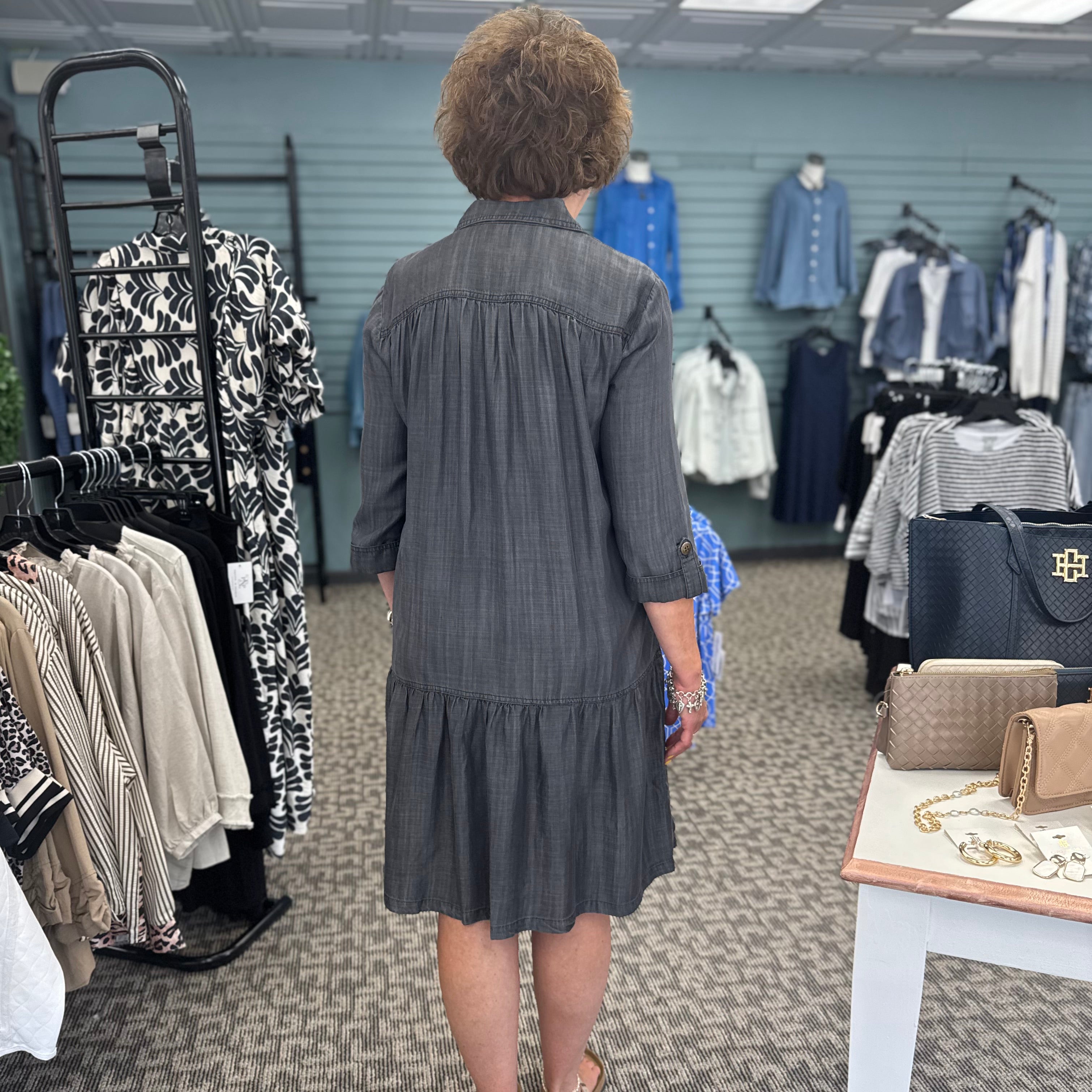 Button Front Flounce Hem Lyocell Denim Dress