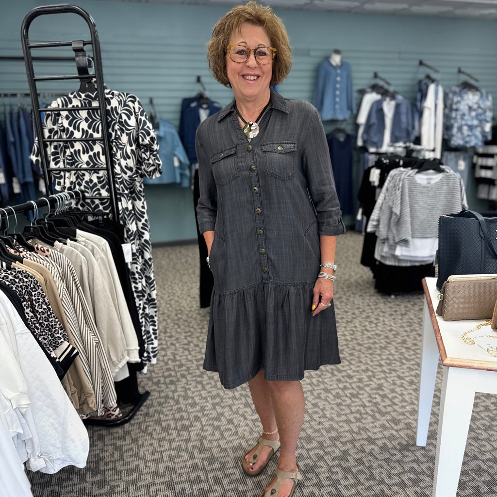 Button Front Flounce Hem Lyocell Denim Dress