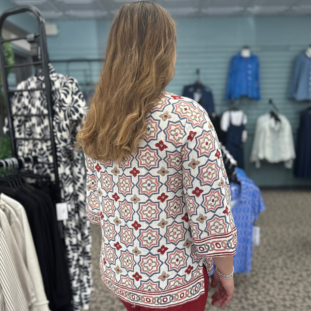 Embroidered Flare Sleeve Woven Top
