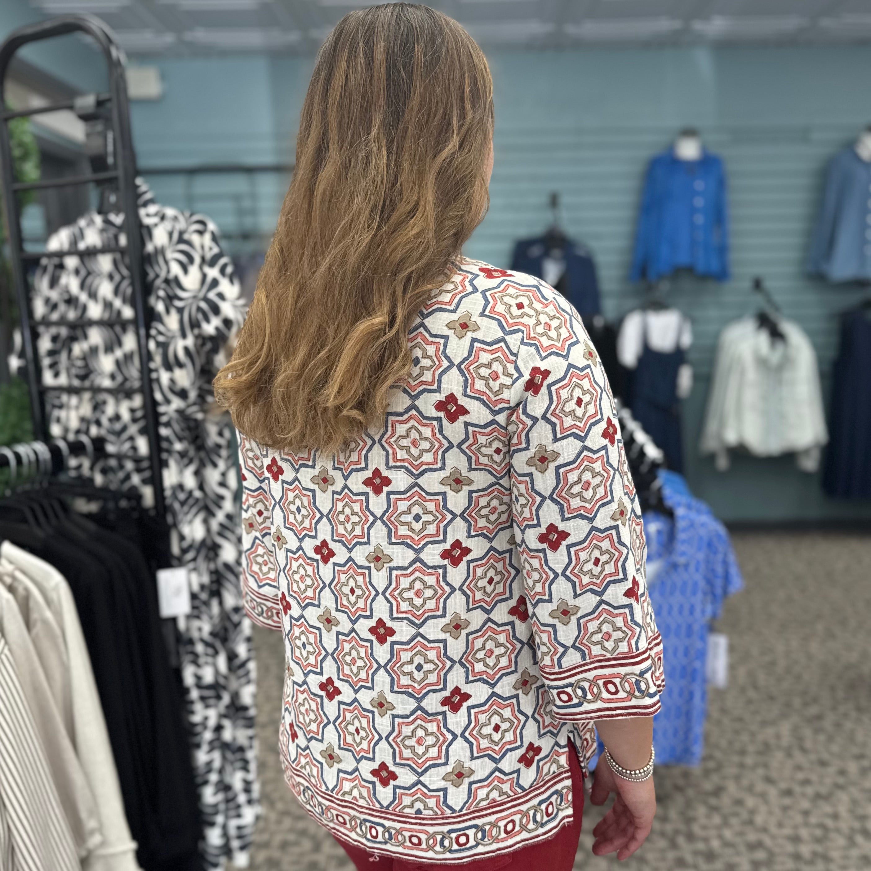 Embroidered Flare Sleeve Woven Top
