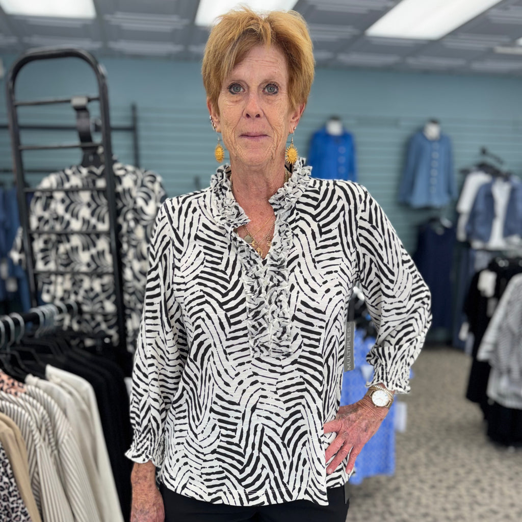 Ruffle Trim Notch Neck Knit & Gauze Top