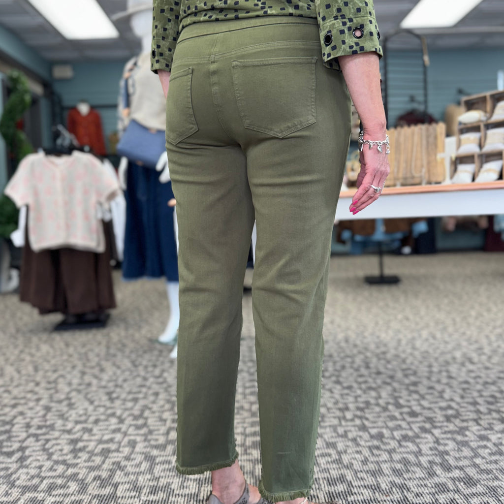Olive Pull-On 5-Pocket Fringe Hem Woven Ankle Pant