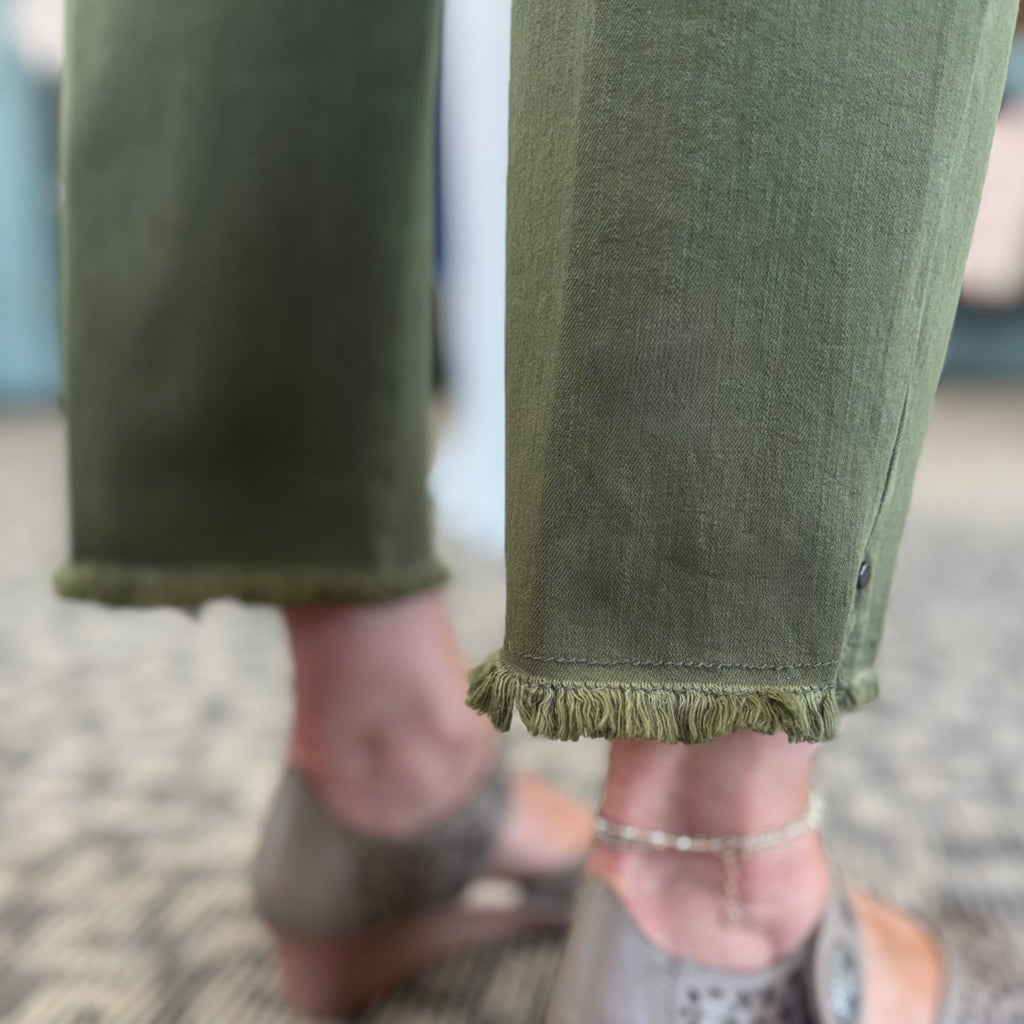Olive Pull-On 5-Pocket Fringe Hem Woven Ankle Pant