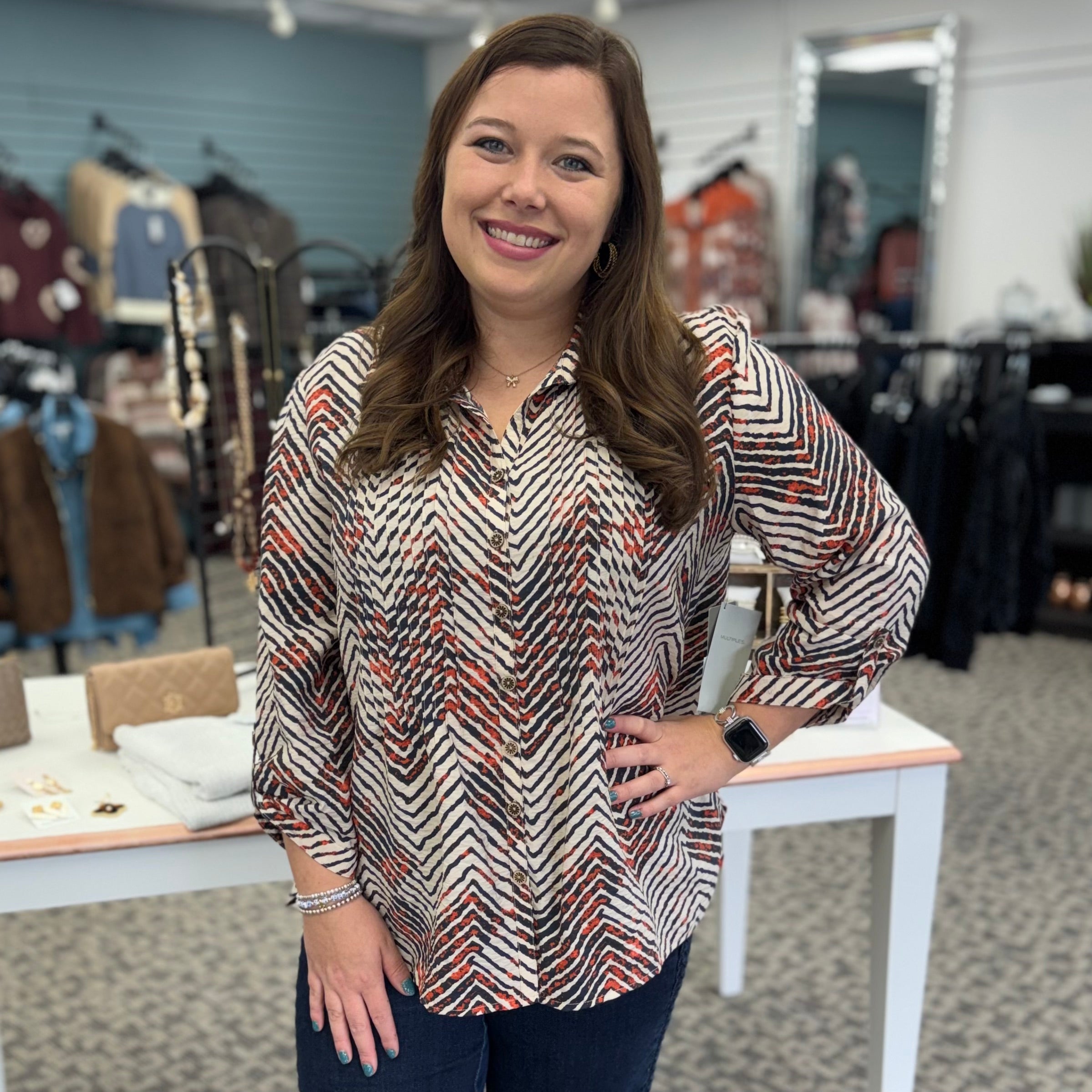 Cinched Tab Cuff Multi-Tuck Button Front Woven Shirt