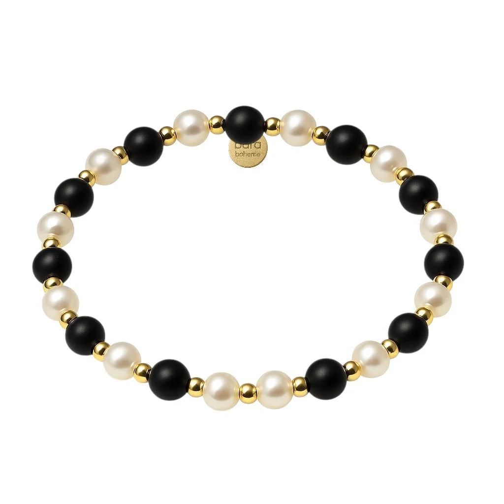 14K Gold Filled Black Onyx &amp; Pearl Stretch Bracelet