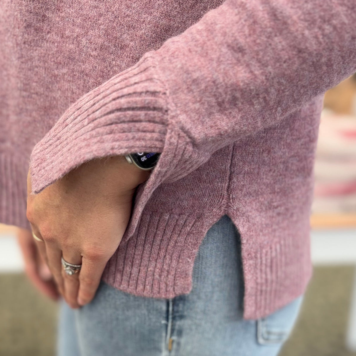 Crew Neck Knit Sweater with Slit Detail