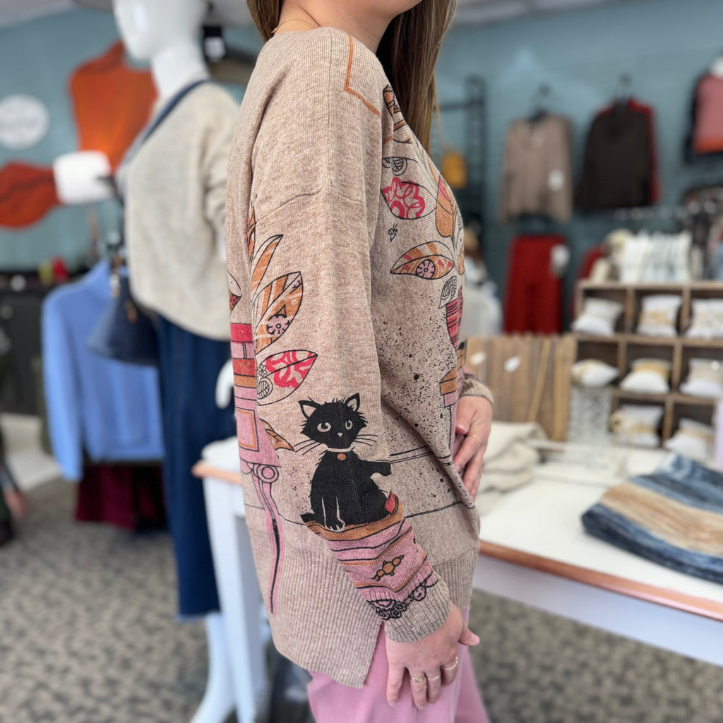 Wool Blended Scoop Neck Cat Sweater