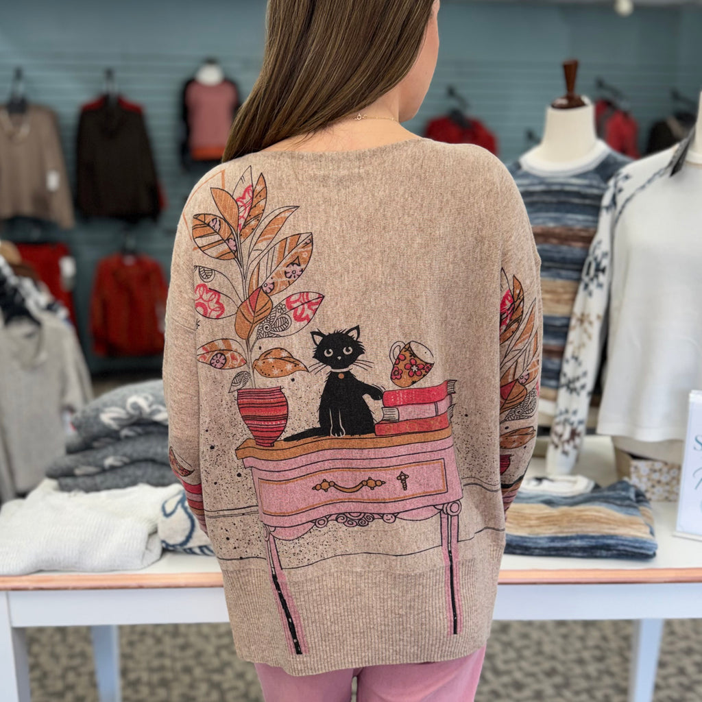 Wool Blended Scoop Neck Cat Sweater