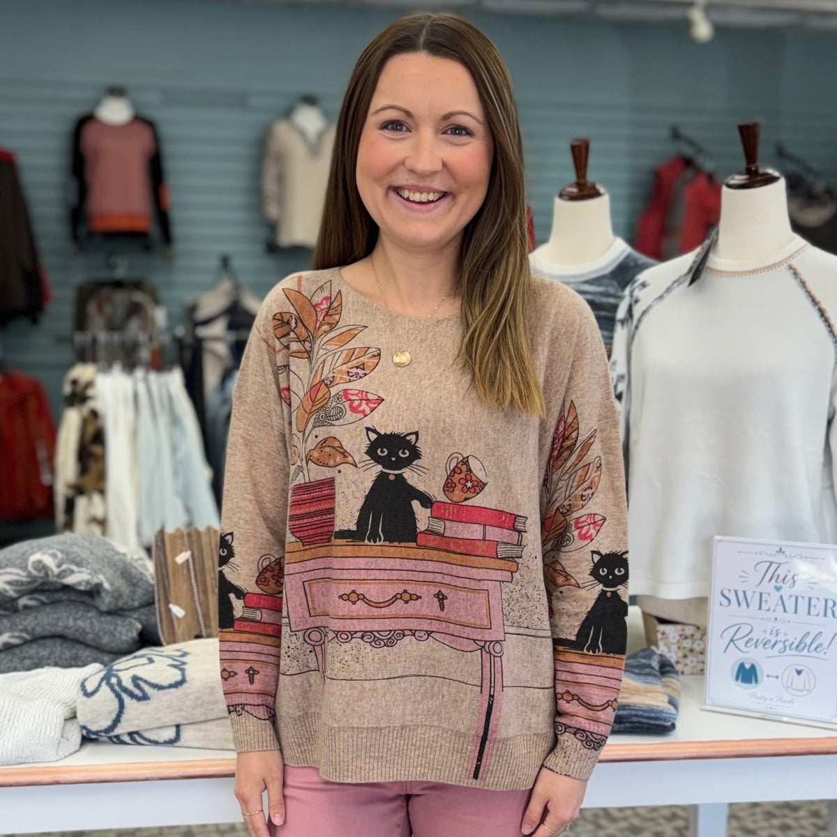Wool Blended Scoop Neck Cat Sweater
