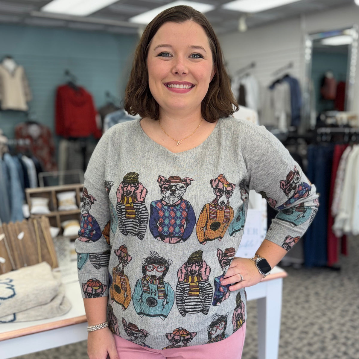 Wool Blended Scoop Neck Dog Sweater