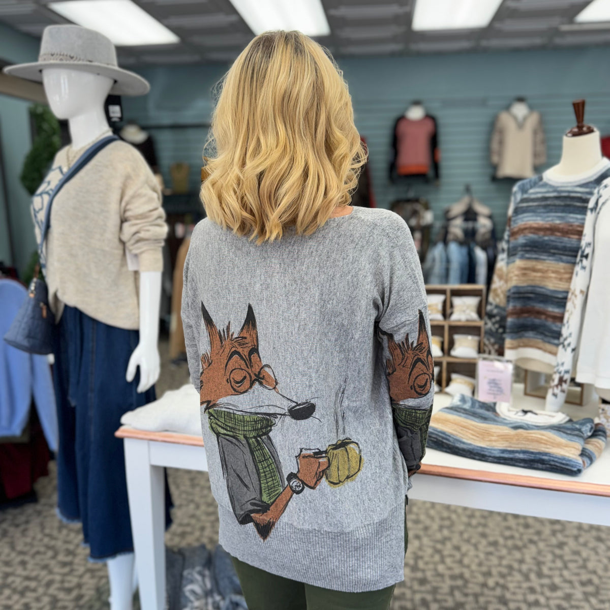 Wool Blend Scoop Neck Fox Sweater