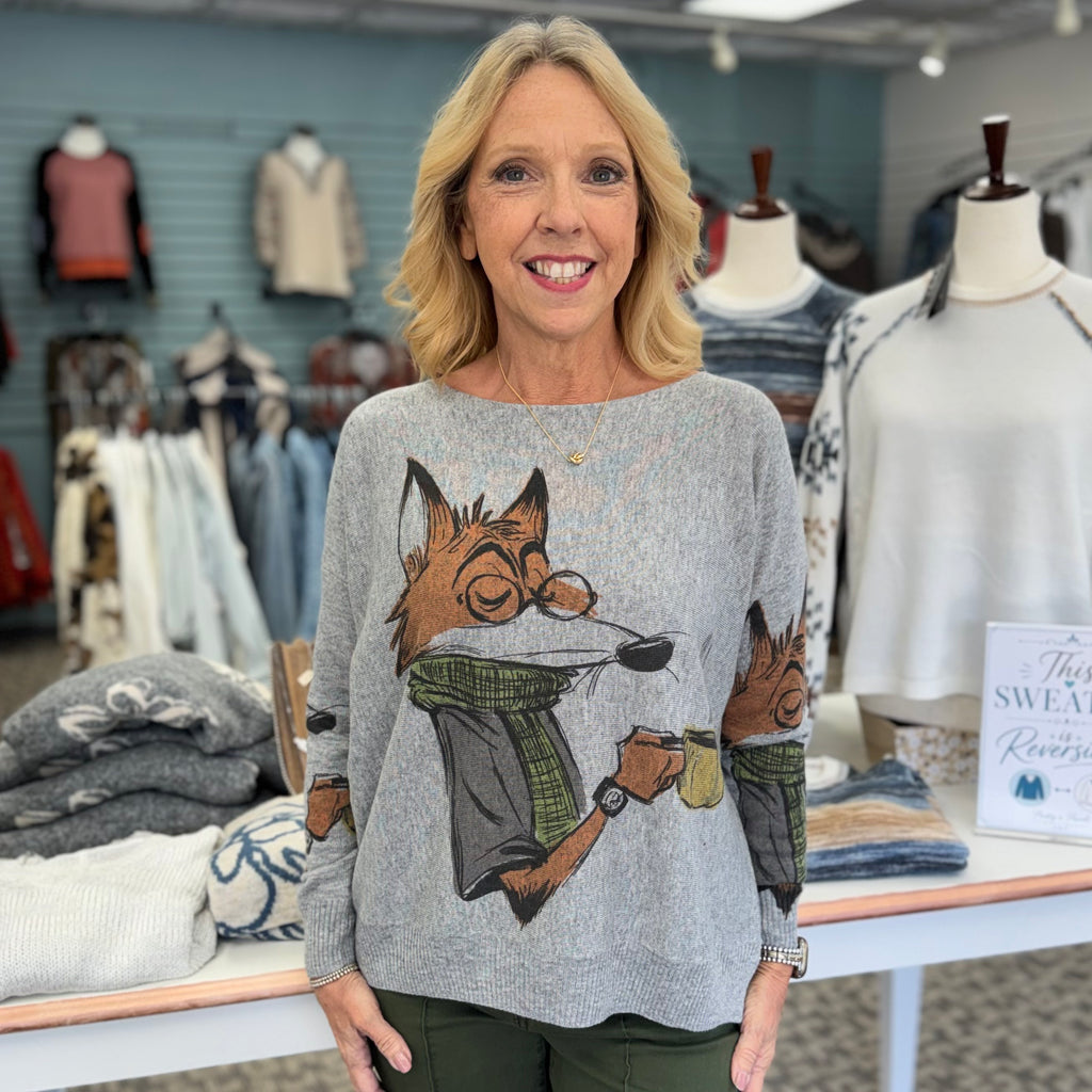Wool Blend Scoop Neck Fox Sweater